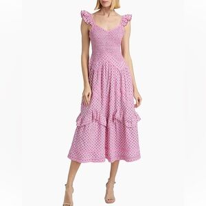 LoveShackFancy Brin Pink Smocked Midi Dress with Ruffle Tiers